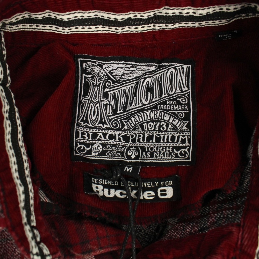 Affliction Flannel Shirt Mens M Red Woven Pearl Snap Black Premium Eagle One NEW - Picture 3 of 11